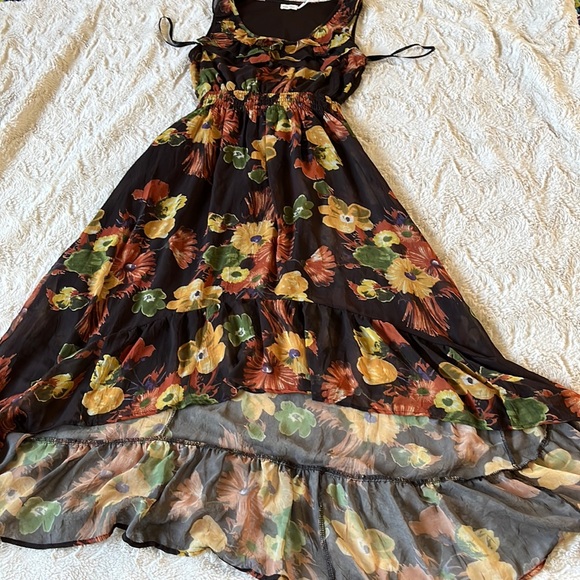 Dresses & Skirts - Blue Bird Floral Brown/Yellow Hem & Neckline Ruffle Waist Smocks Hig low Dress S